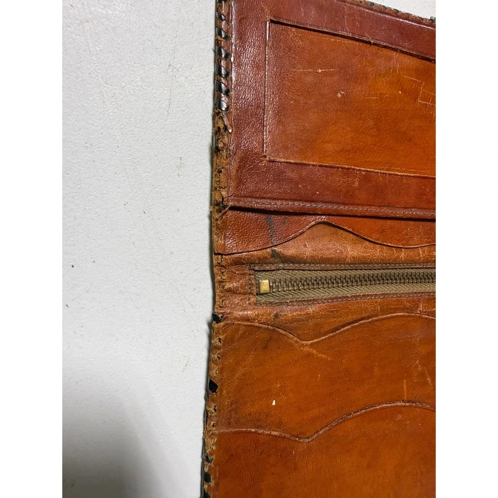 Vintage Hand Tooled Leather Mexico Wallet Aztec Calendar Basketweave Bifold Tan